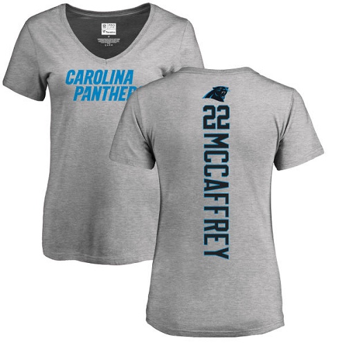 Carolina Panthers Ash Women Christian McCaffrey Backer V-Neck NFL Football #22 T Shirt